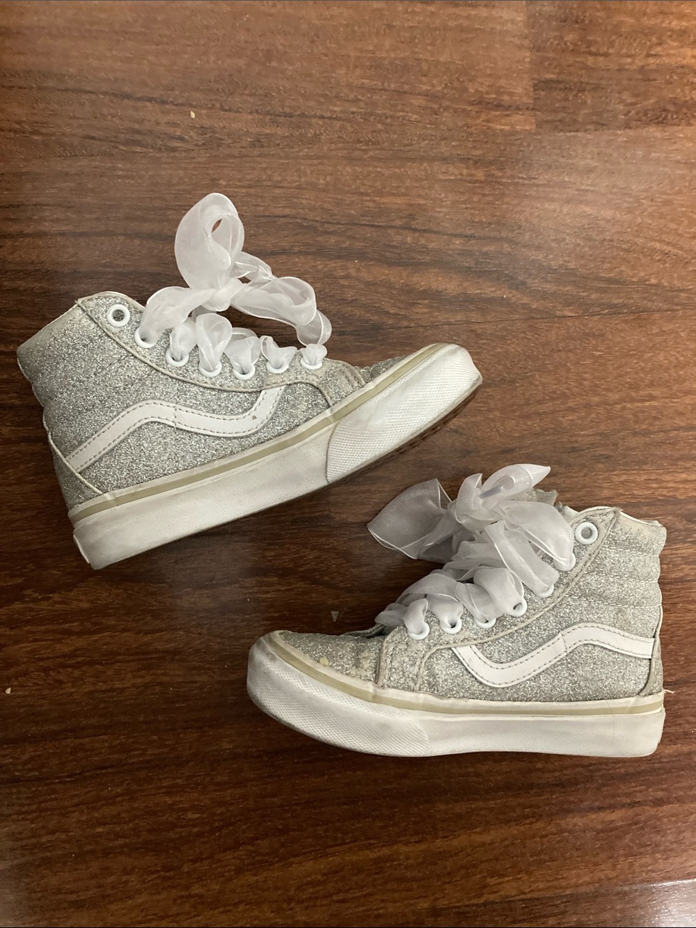 Vans Silver High-Top Glitter Sneakers with Ribbon Laces Sz 11